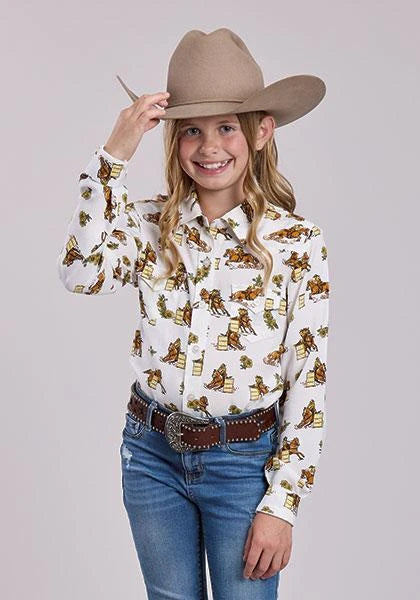 Roper® Girls' Long Sleeve White Barrel Racers Print Snap Shirt