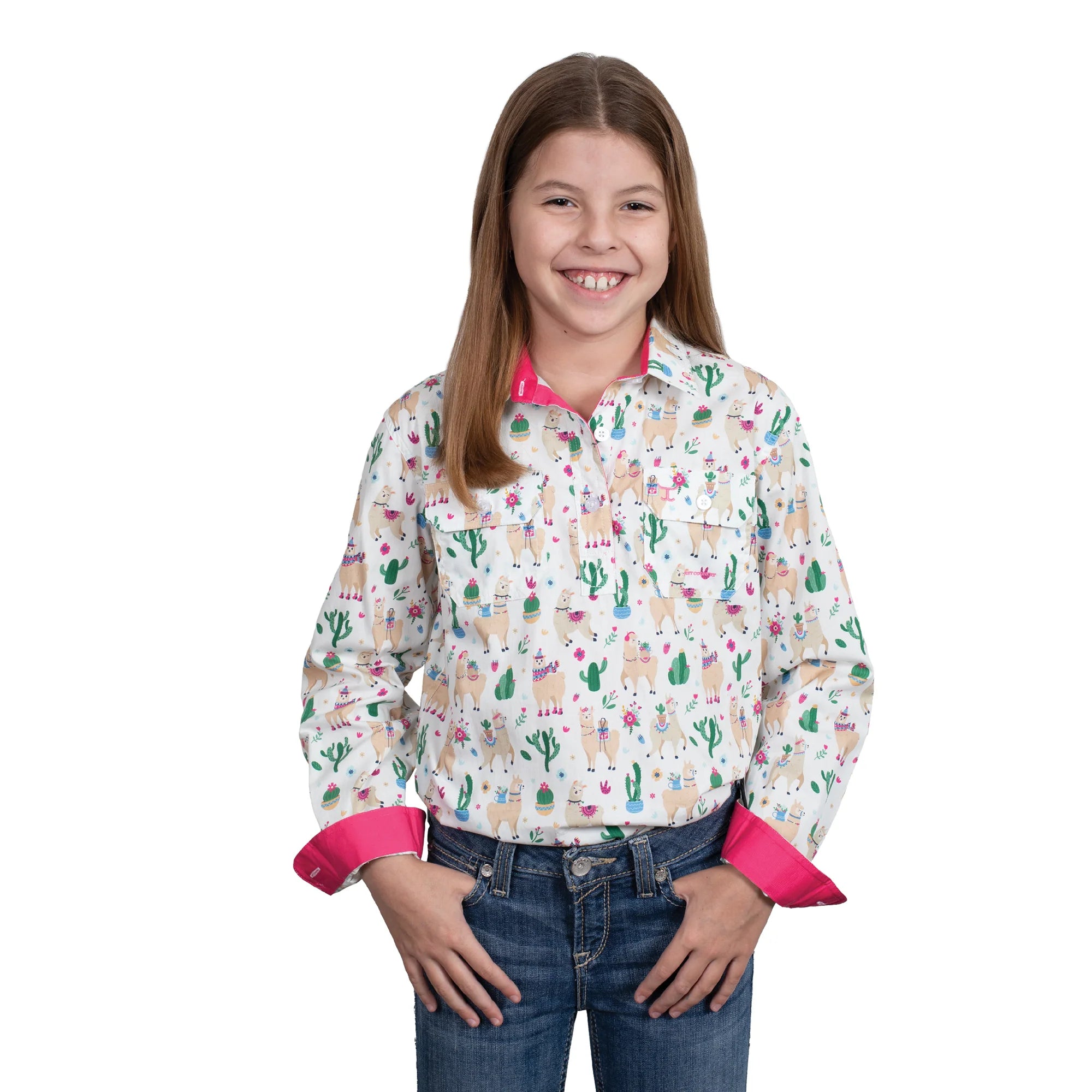 Just Country Girls Harper Half Placket Long Sleeve Shirt - White Llamas