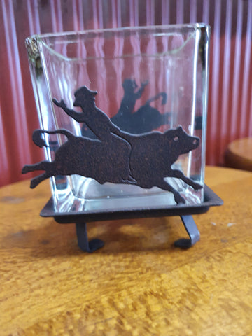 Lazart Candle Stand - Square Glass - Bull Rider