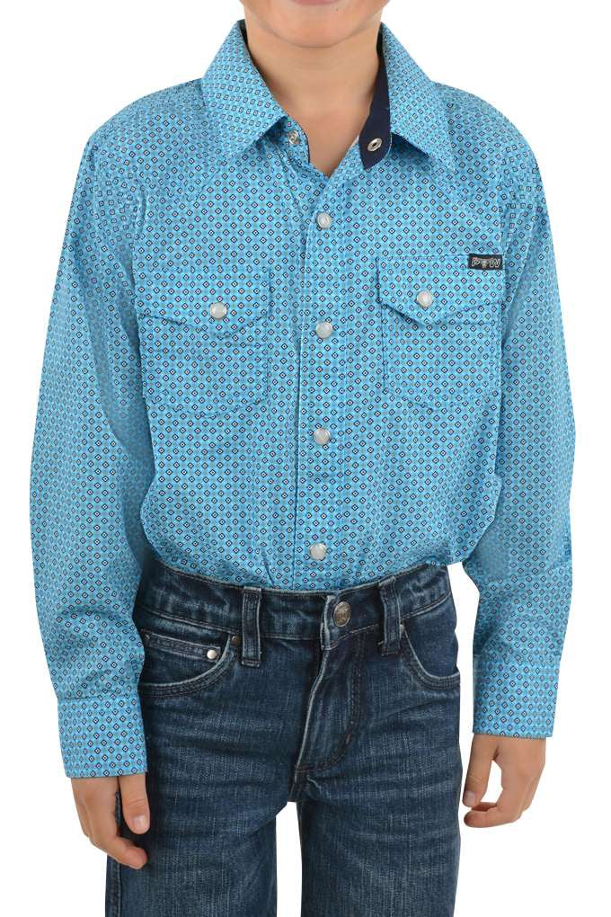 Pure Western Boys Roy Print Long Sleeve Shirt - Blue/White