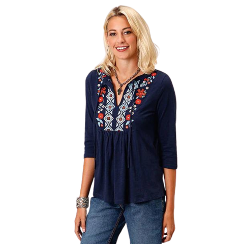 Roper Womens Studio West Embroidered 3/4 Sleeve Shirt