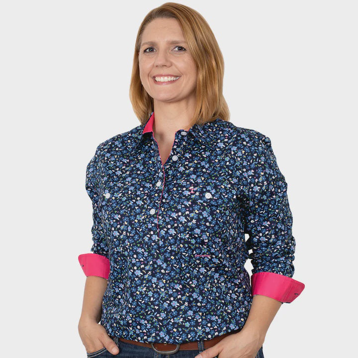 Womens Georgie Half Button Workshirt - Navy Floral