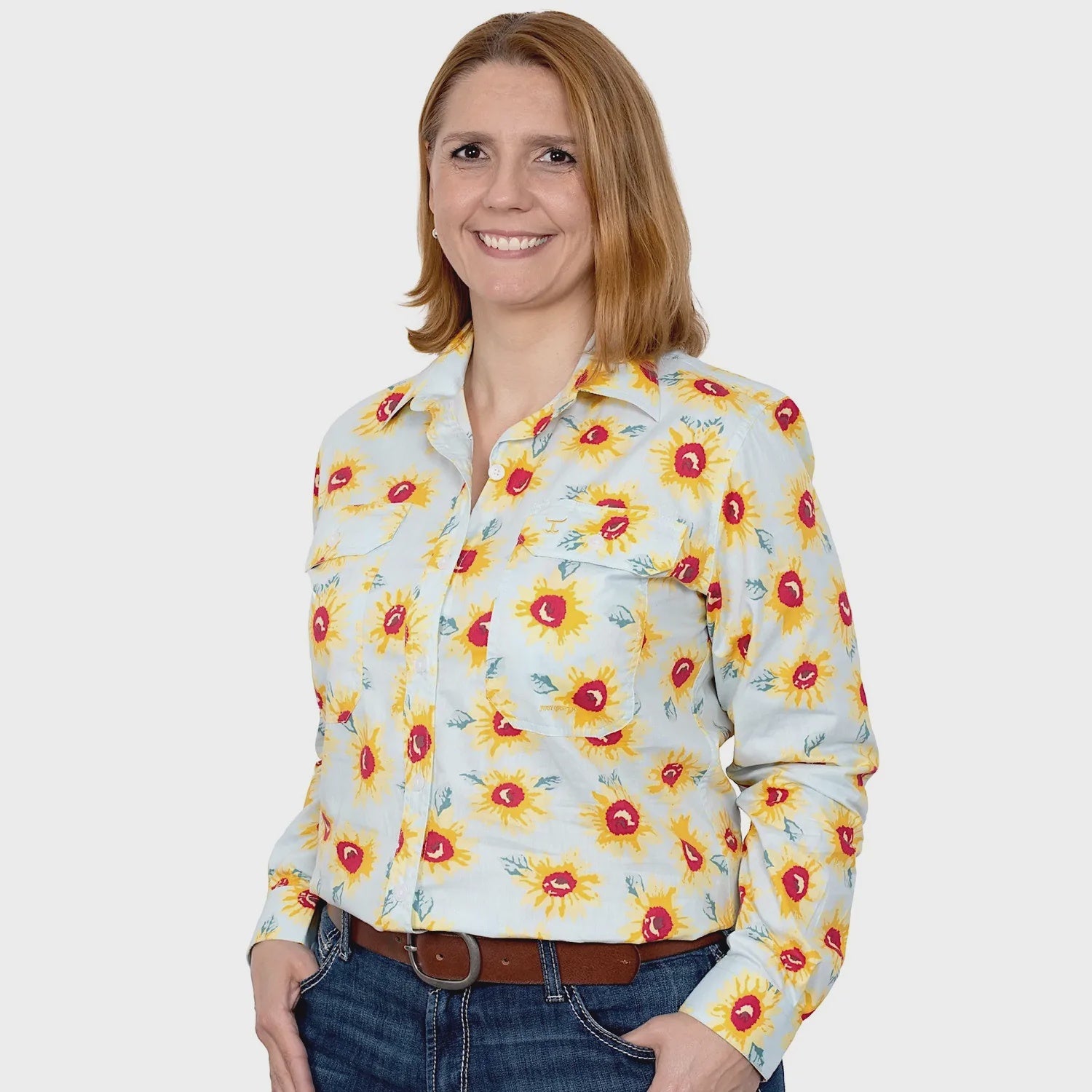 Just Country Womens Abbey Full Button Print Workshirt - Ice Blue Sunflowers