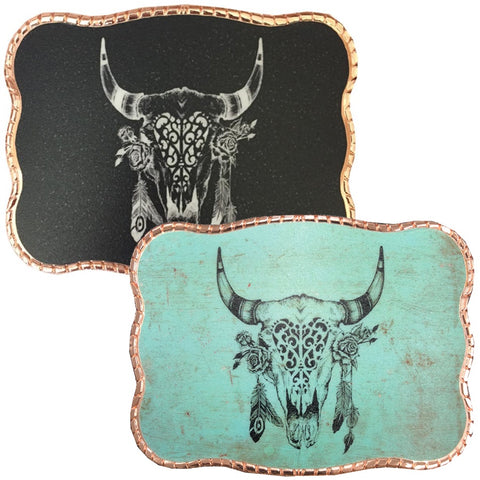 Boho Cow Skull and Feathers Wallet Buckle