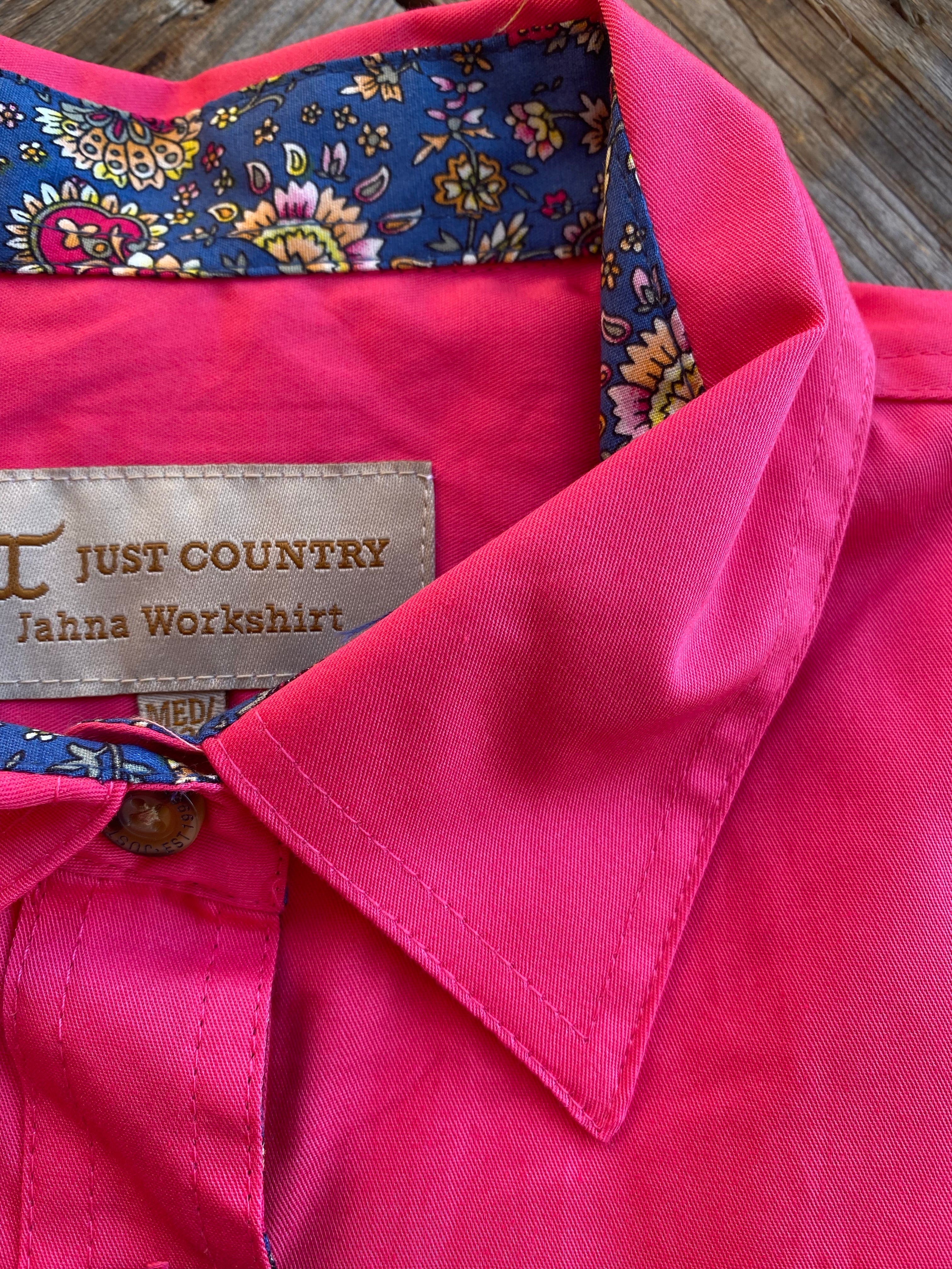 Just Country Jahna Half Button Workshirt Hot Pink/Denim Blue Garden