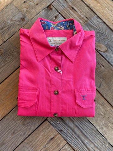 Just Country Jahna Half Button Workshirt Hot Pink/Denim Blue Garden