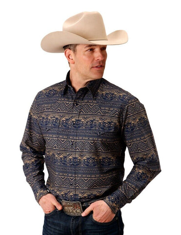 Roper Western Shirt Mens L/S Aztec Stripe Blue