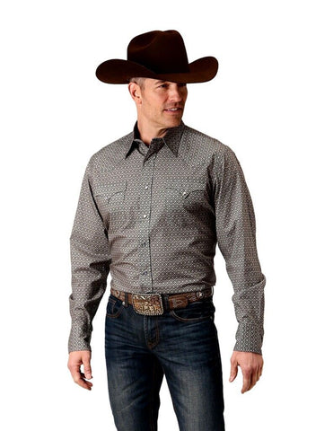 Roper Mens Long Sleeve Shirt - Snap Button Grey pattern